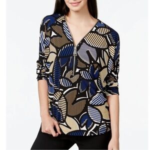Nwot ALFANI Size 0X Bold Pattern 3/4 Dolman Sleeve Zip‎ Front Professional Top